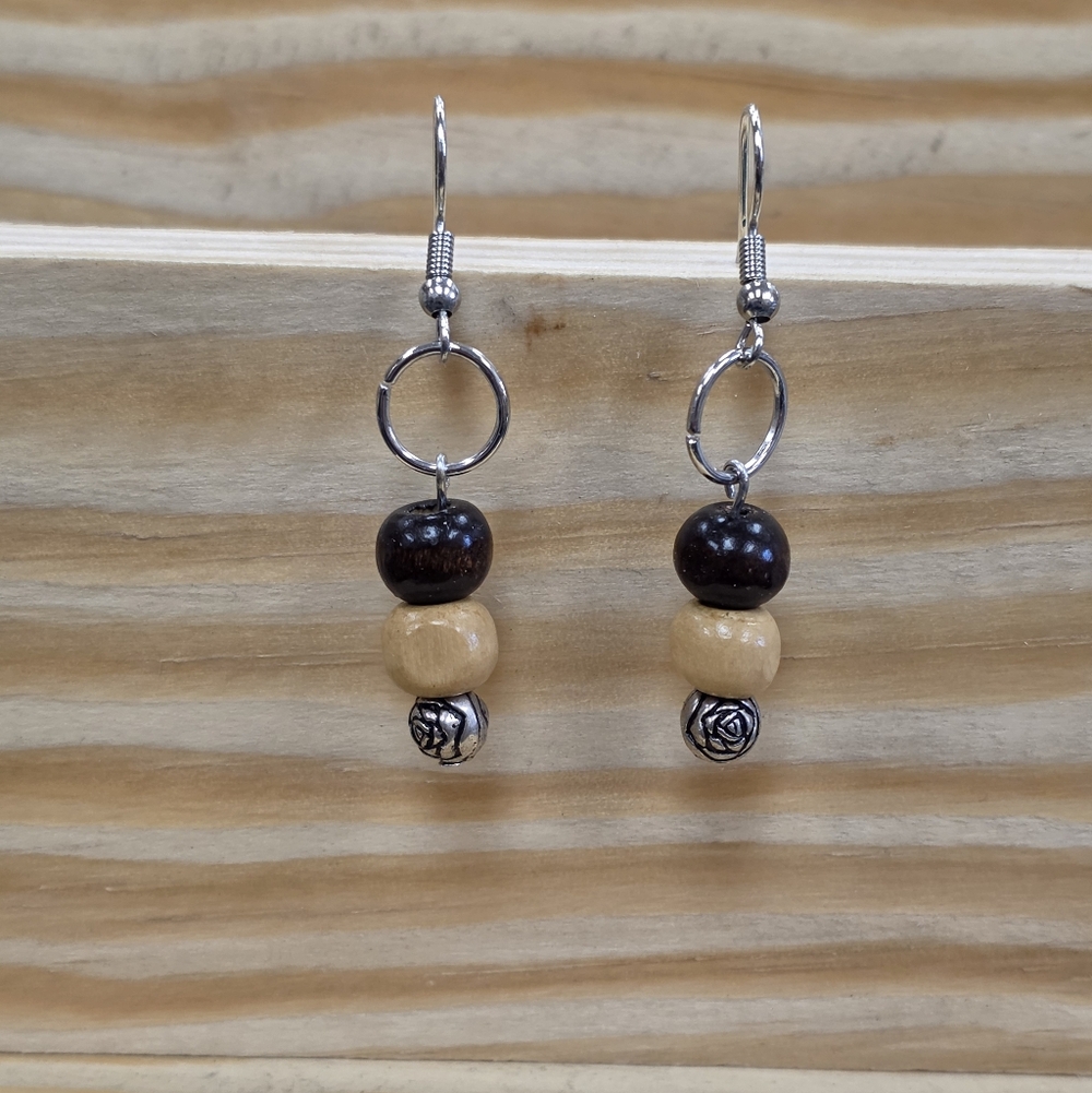 Retro, Boho-Style Silver and Wood Beaded Earrings